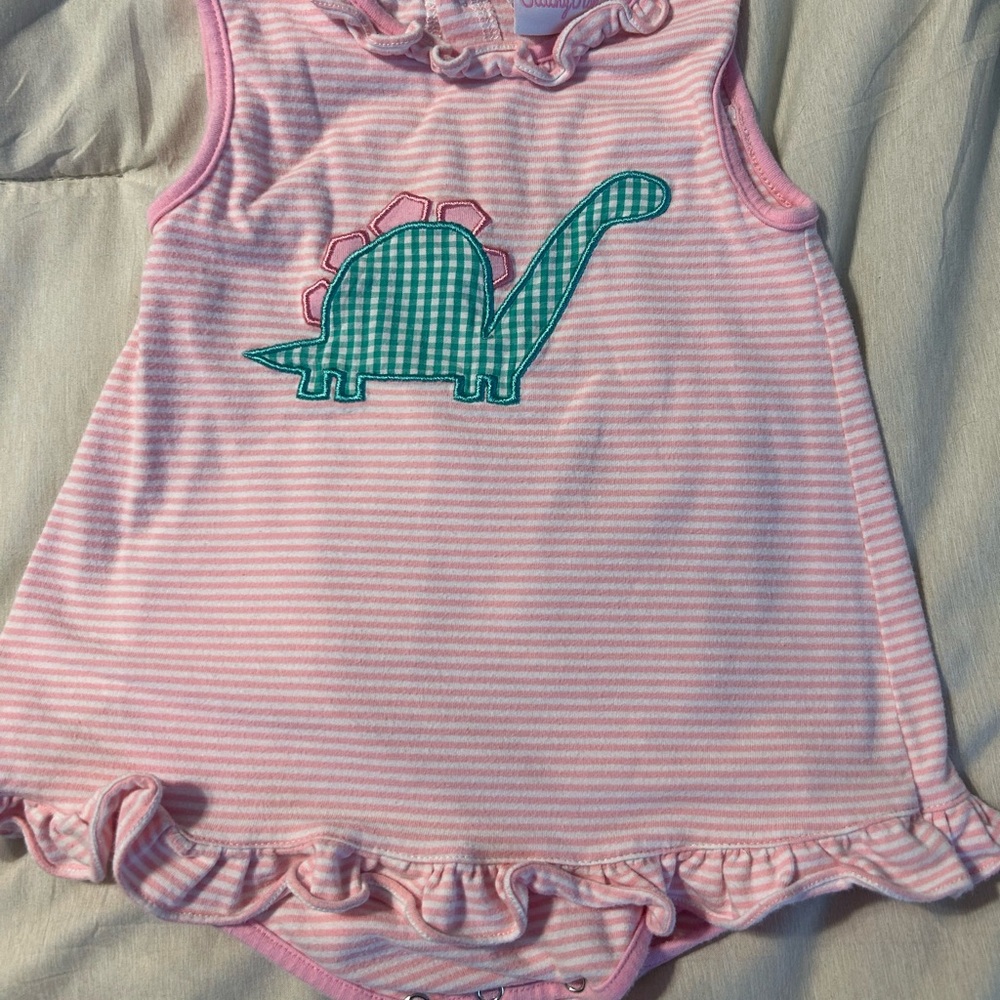 Pink Striped Baby Dress with Dinosaur Design